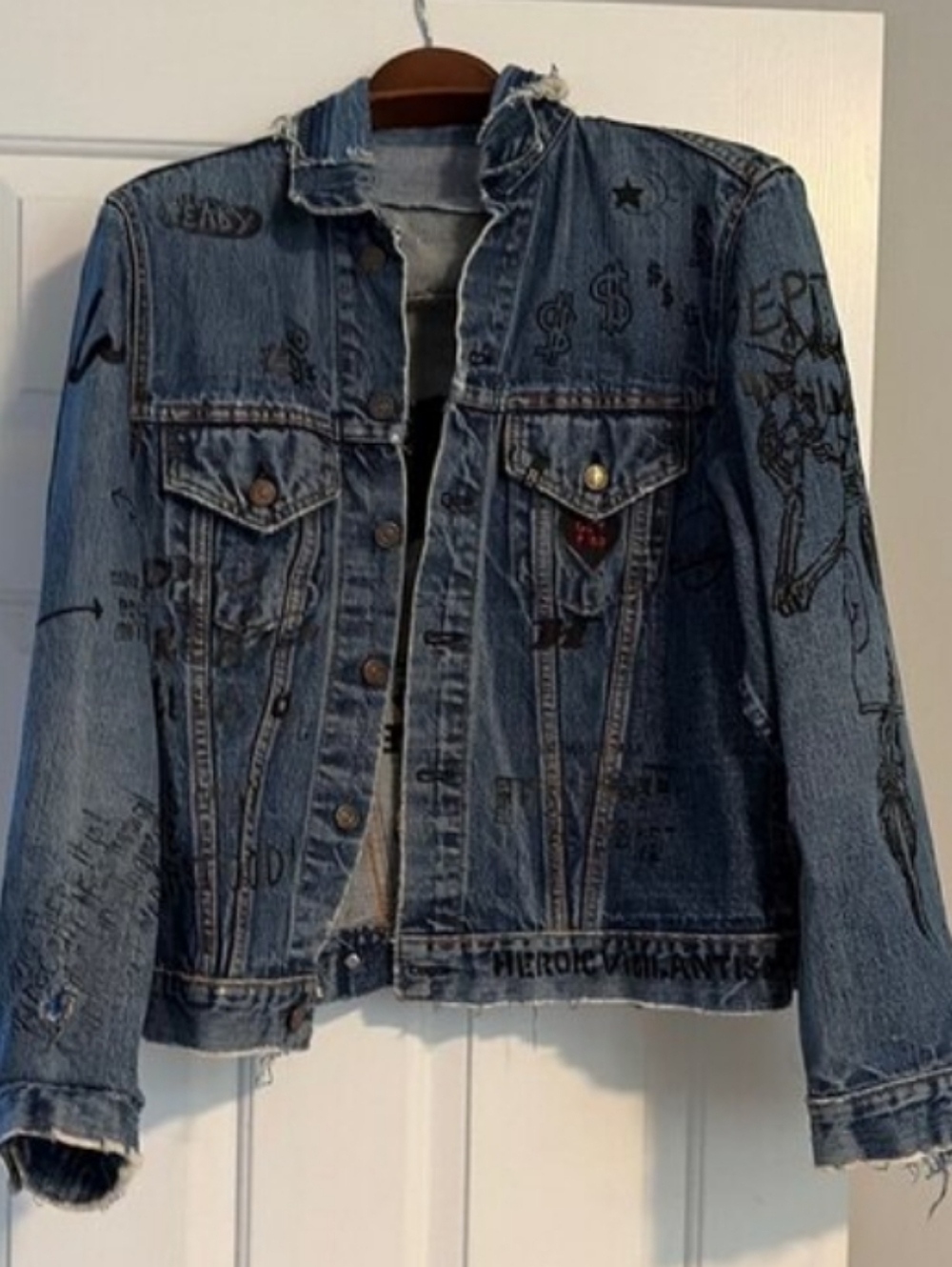 nwt O/S R13 Repurposed Distressed Blue Denim Jean Jacket with Graphic Details